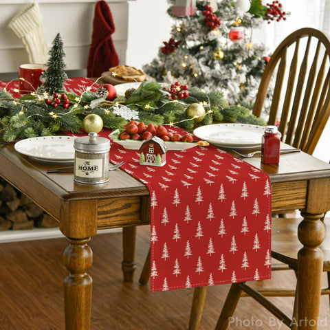 Artoid Mode red Xmas Tree table runner on a plated holiday dinner table, ready to impress.