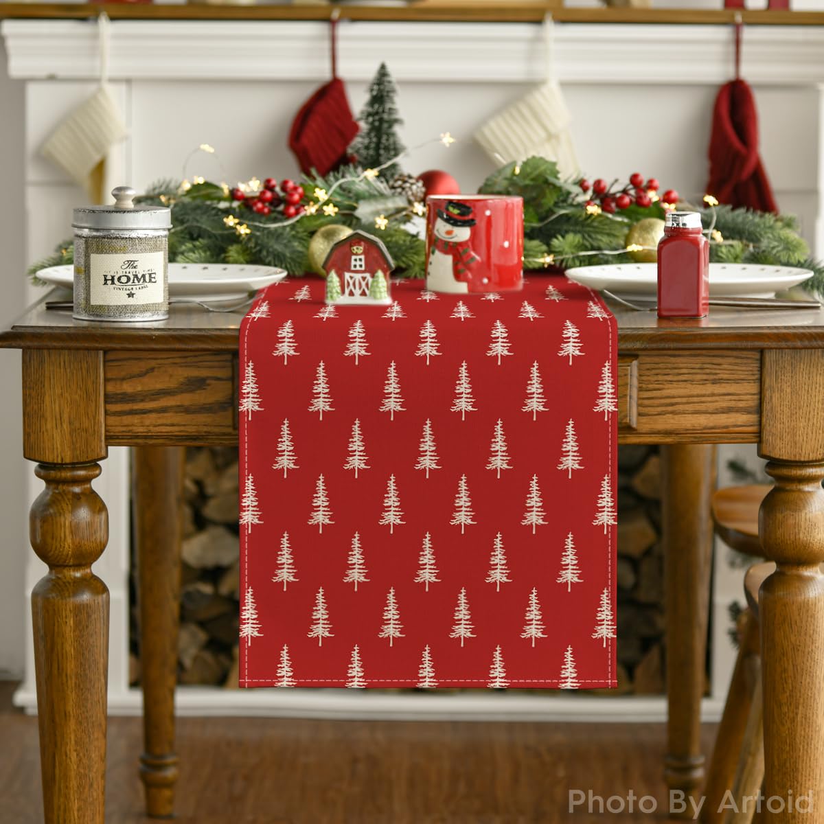 Artoid Mode red Xmas Tree table runner ready for easy care after meals.