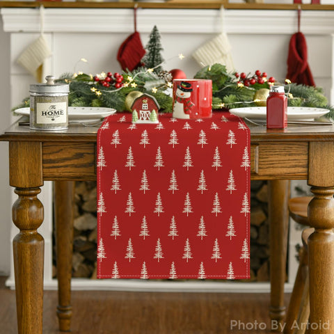 Artoid Mode red Xmas Tree table runner ready for easy care after meals.