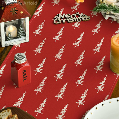 Artoid Mode red Xmas Tree table runner fits tables seating 8–10, enhancing gatherings.