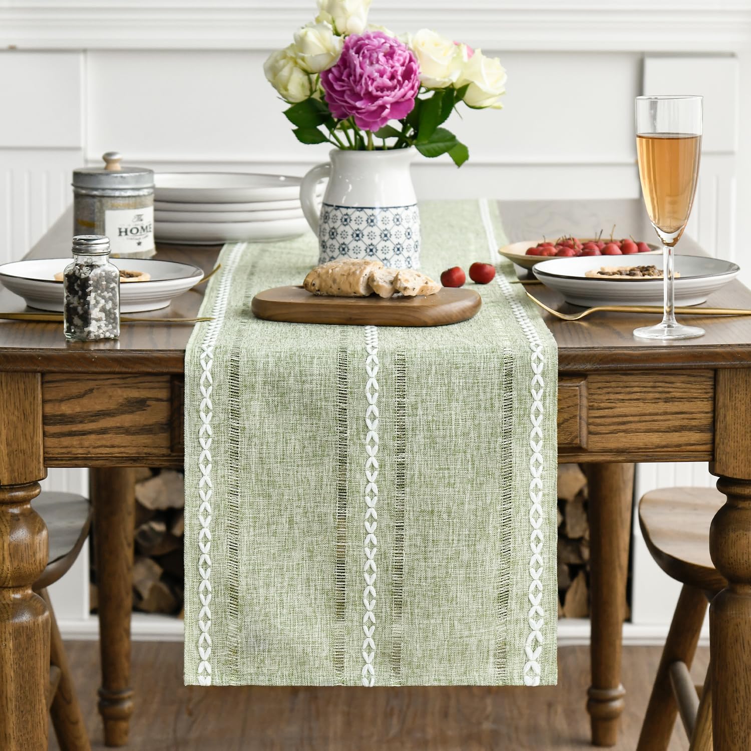 Artoid Mode sage green rustic runner on a 4-6 seat dining table, versatile.