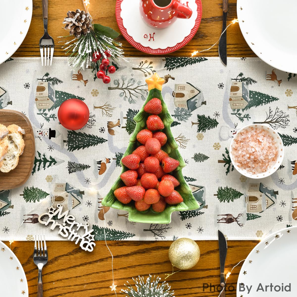 Artoid Mode Snowfield Trees Hut vibrant pattern enhances seasonal tables