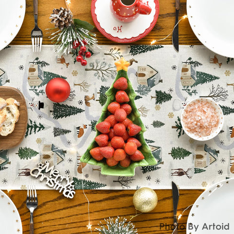 Artoid Mode Snowfield Trees Hut vibrant pattern enhances seasonal tables