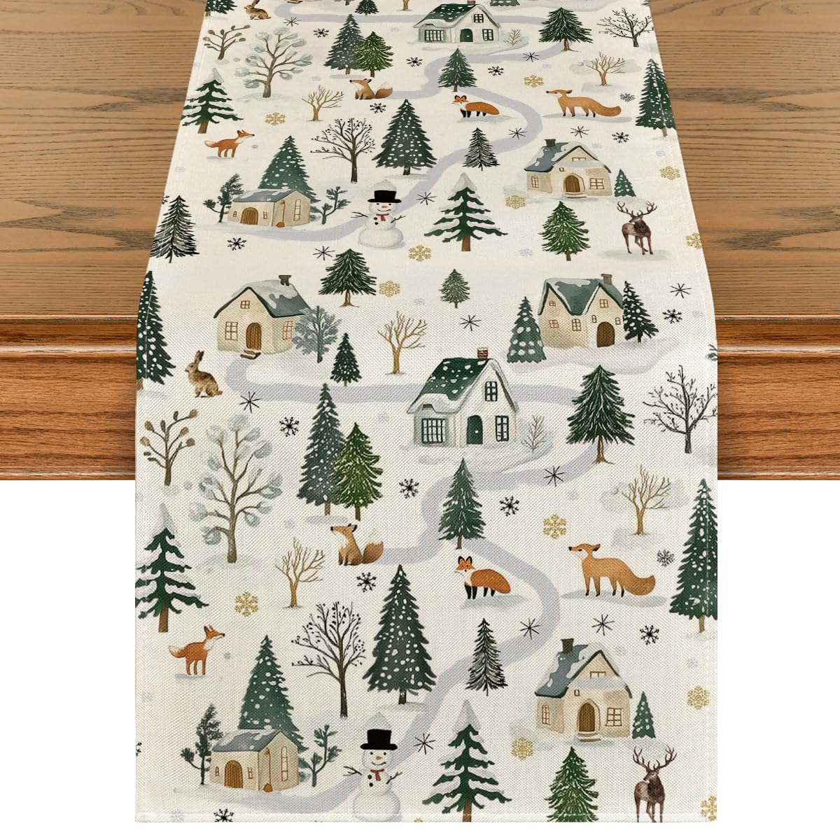 Artoid Mode Snowfield Trees Hut table runner adds festive warmth to holiday dining