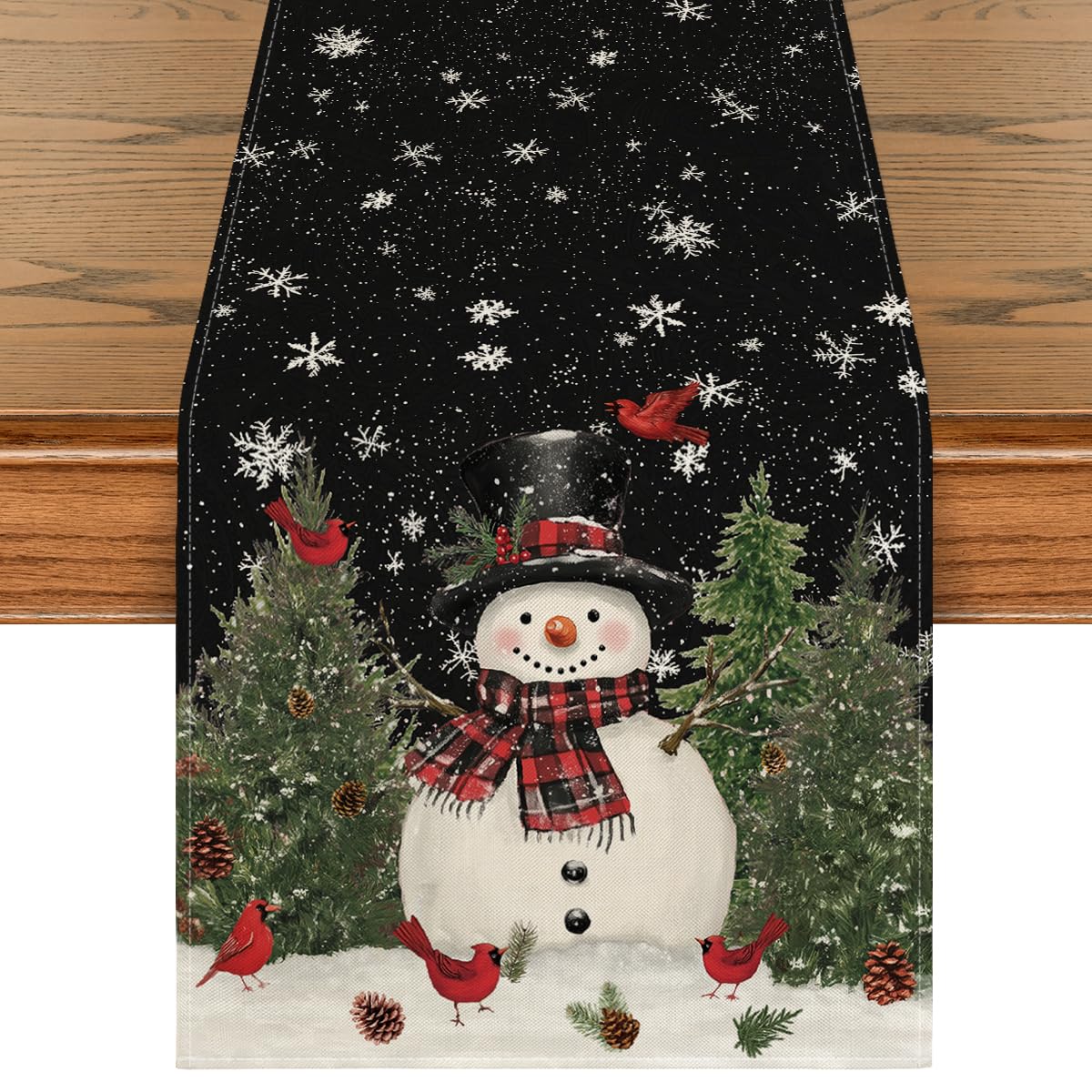 Artoid Mode snowman birds trees table runner boosts festive dining with a durable polyester design.
