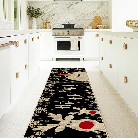 Artoid Mode Snowman Deer Mats in kitchen setup provide winter charm and floor protection.