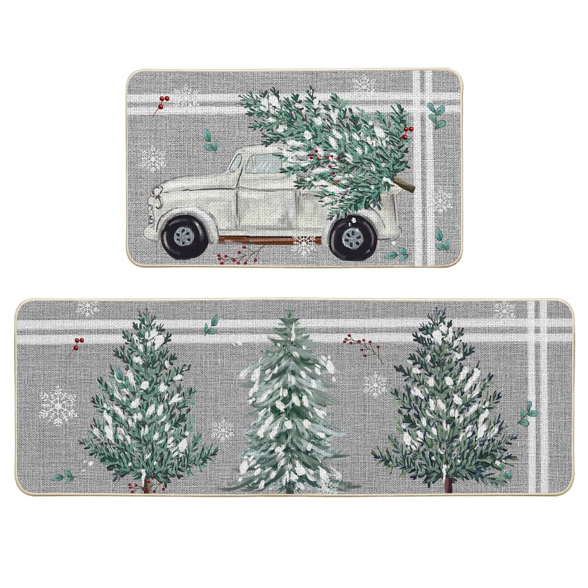 Artoid Mode pine holly stripes mats front view showing festive kitchen protection