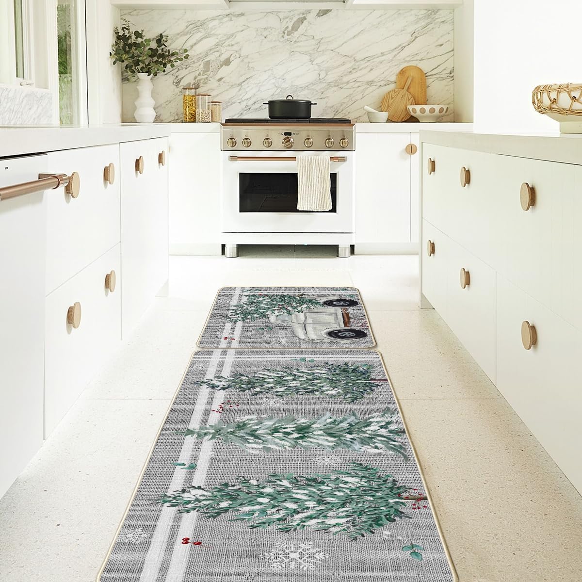 Artoid Mode pine holly stripes mats in use during holiday cooking and hosting