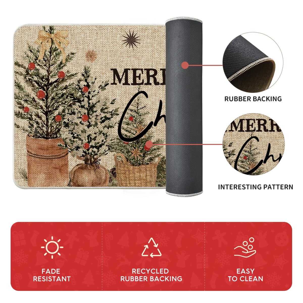 Artoid Mode holly design mat cleans quickly with hose or sponge.