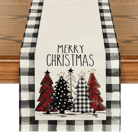 Artoid Mode Waterclor buffalo plaid Christmas trees table runner for festive dining
