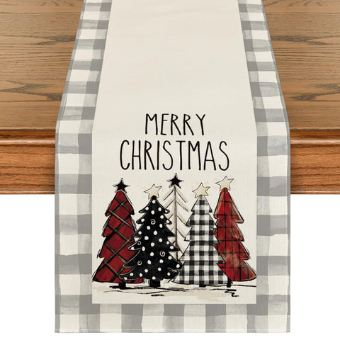 Artoid Mode Waterclor grey buffalo plaid table runner with festive trees and spill protection