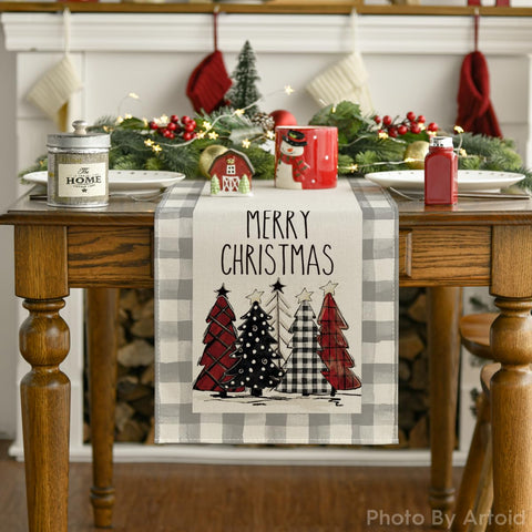 Artoid Mode Waterclor Grey Buffalo Plaid runner brings warmth to indoor or outdoor holiday dining.