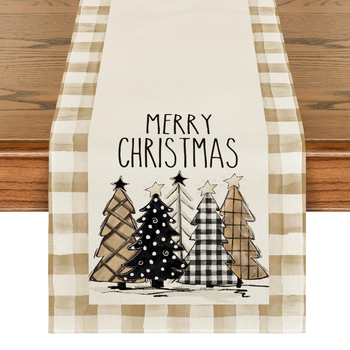 Artoid Mode watercolor brown buffalo plaid Christmas trees table runner enhances festive dining decor.