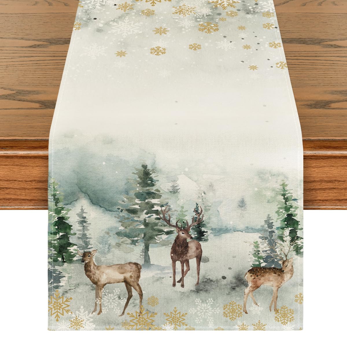 Artoid Mode watercolor deer and snowflakes table runner enhances festive dining.