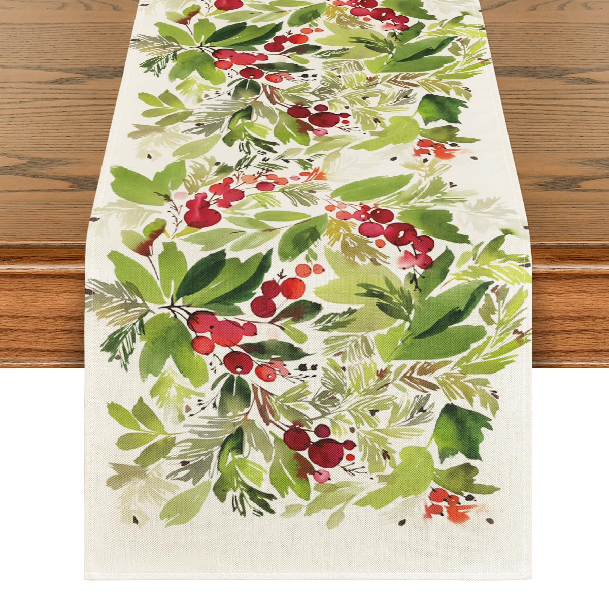Artoid Mode watercolor holly table runner enhances holiday dining ambiance at home.