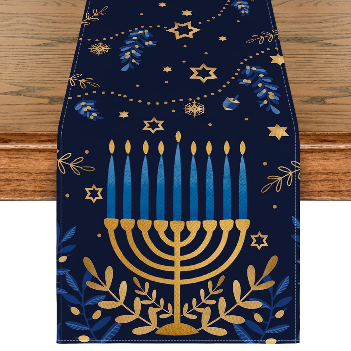 Artoid Mode table runner closeup pattern with watercolor stars and olives for Hanukkah decor
