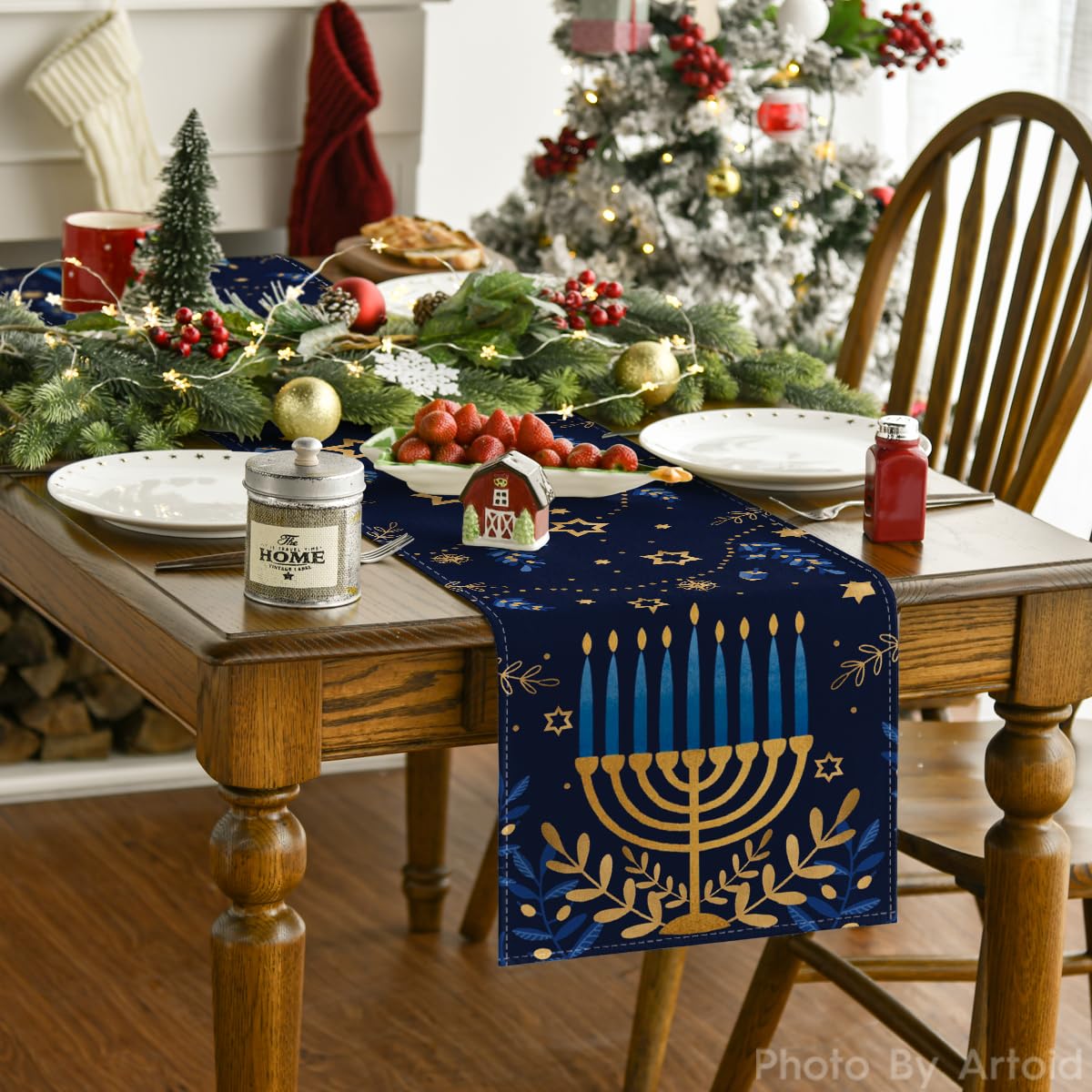 Artoid Mode Hanukkah table runner on dining table adds vibrant ambiance