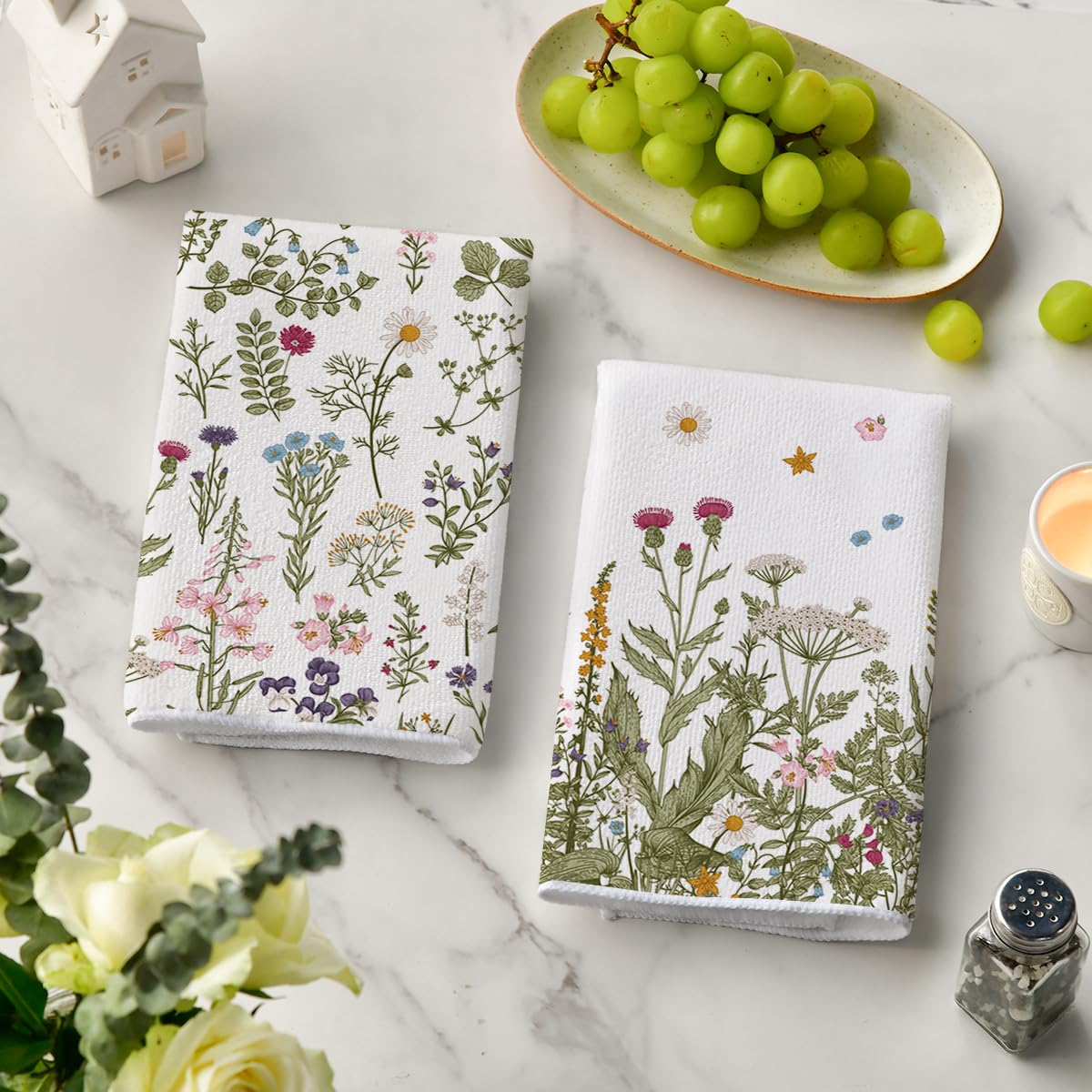 Artoid Mode Wildflower towels in use for drying dishes and wiping surfaces.
