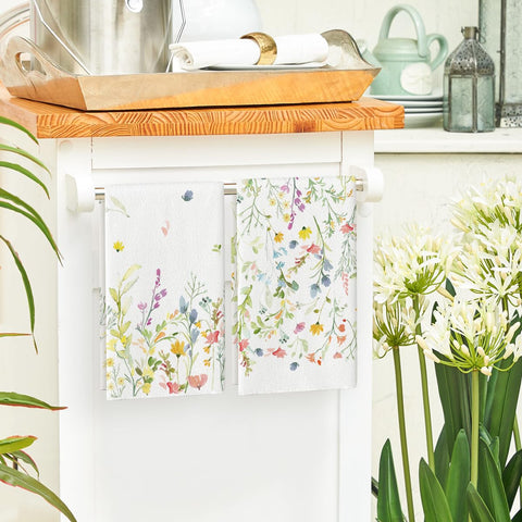 Artoid Mode Wildflower towels drying on rack demonstrating absorption