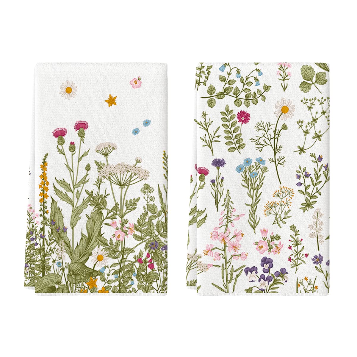 Artoid Mode Wildflower kitchen towels with leaves pattern, ideal for quick drying and cleaning.