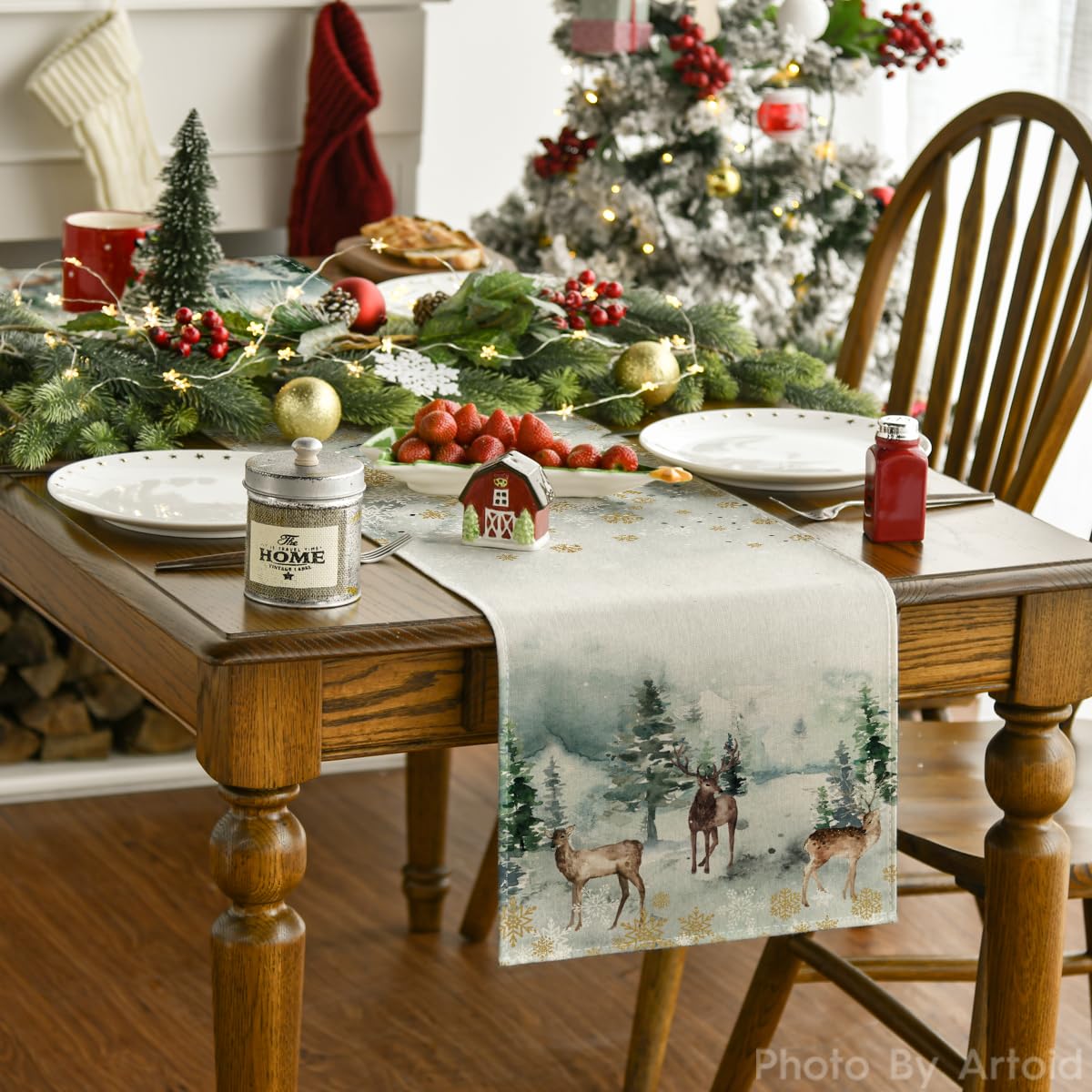 Artoid Mode winter decor runner adds bright color to holiday tables.