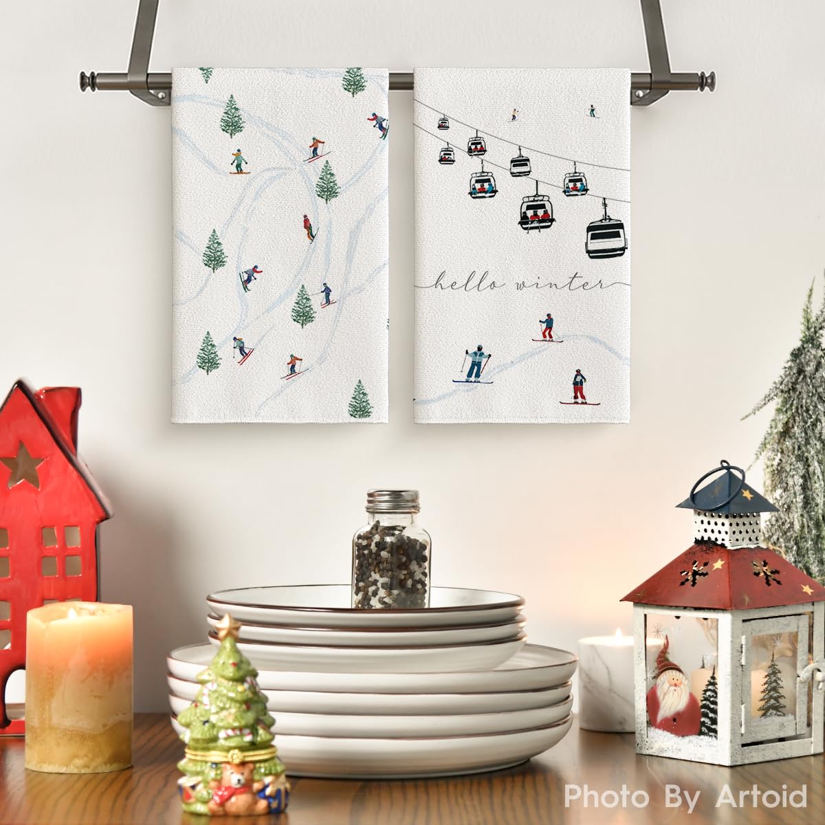 Artoid Mode winter ski theme towel ideal for quick cleanups in holiday kitchens.