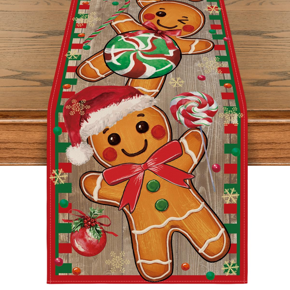 Artoid Mode wooden gingerbread candy cane table runner on dining table for holiday charm