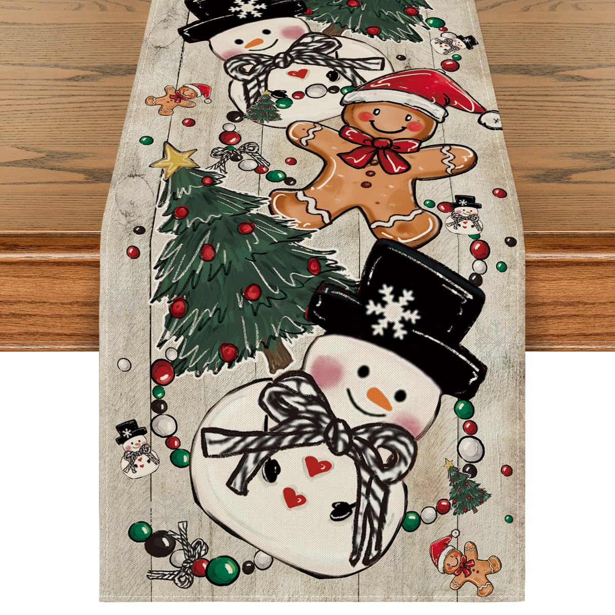 Artoid Mode wood snowman gingerbread pine table runner adds festive ambiance to holiday meals.