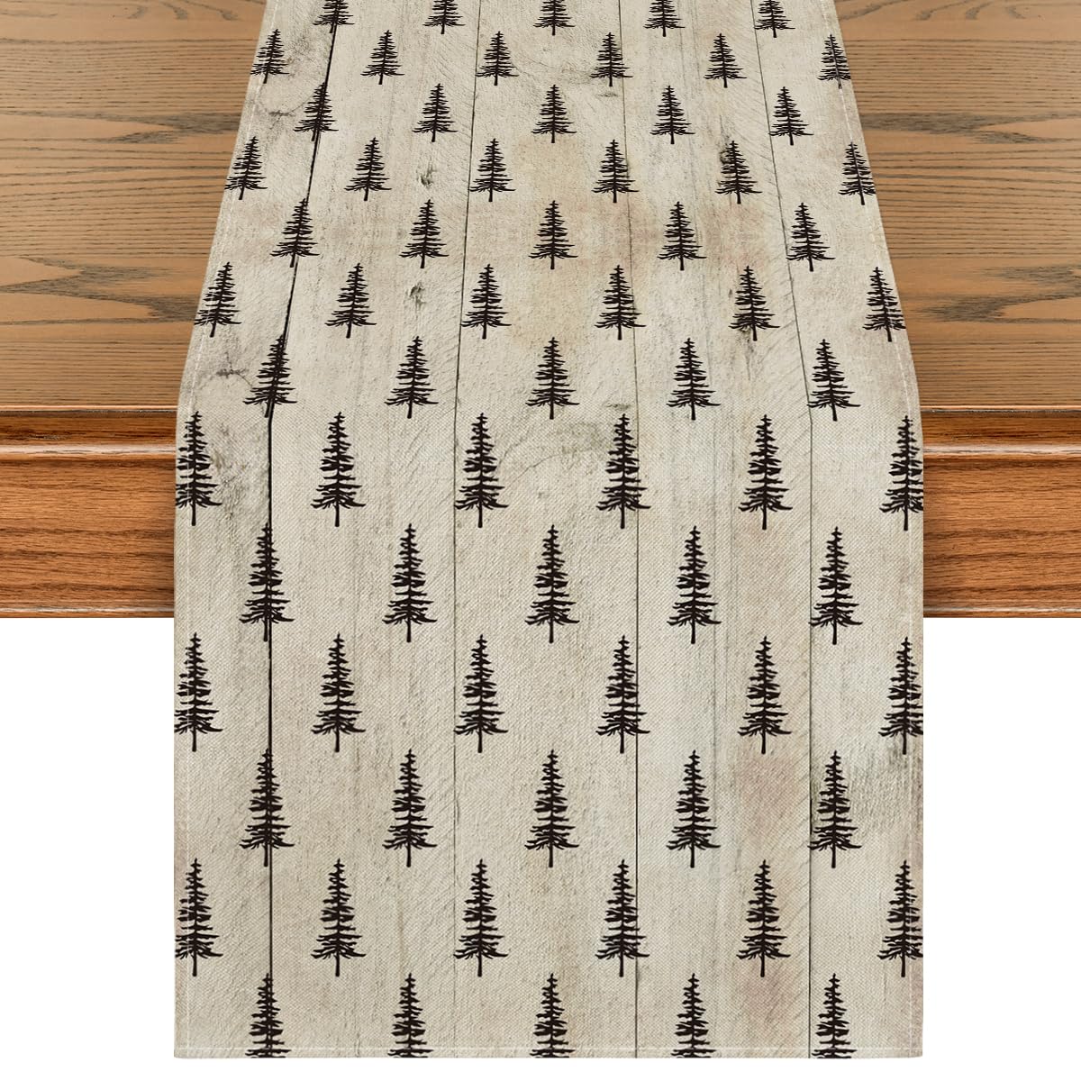 Artoid Mode wood Xmas tree table runner adds festive decor and surface protection.