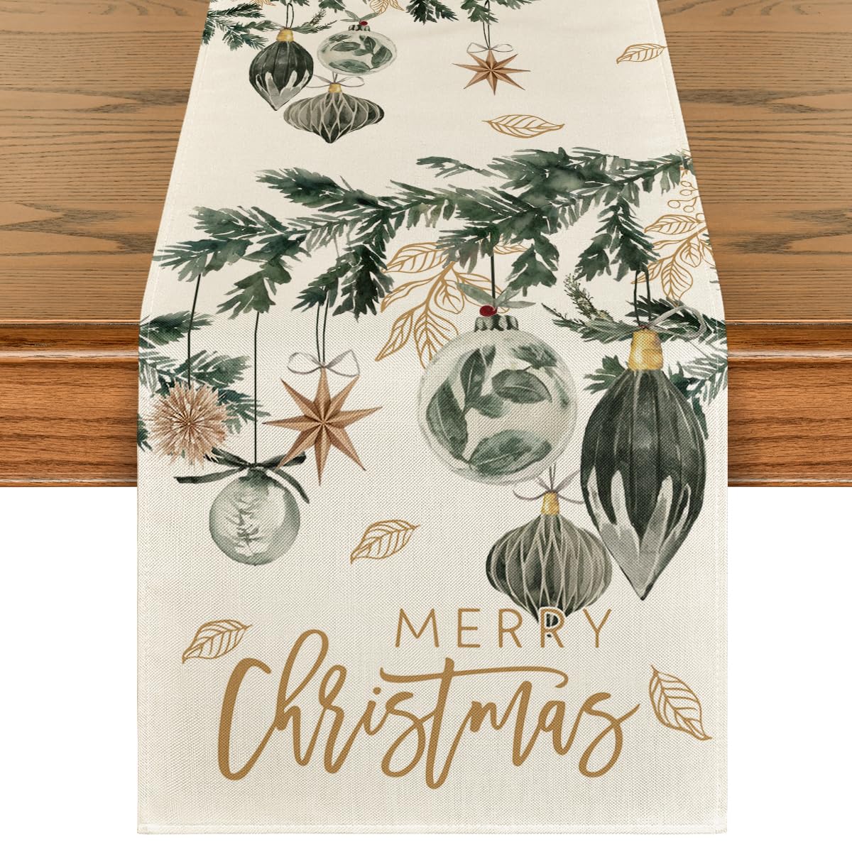 Artoid Mode Xmas balls leaves table runner on festive dining setup for gatherings