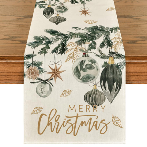 Artoid Mode Xmas balls leaves table runner on festive dining setup for gatherings