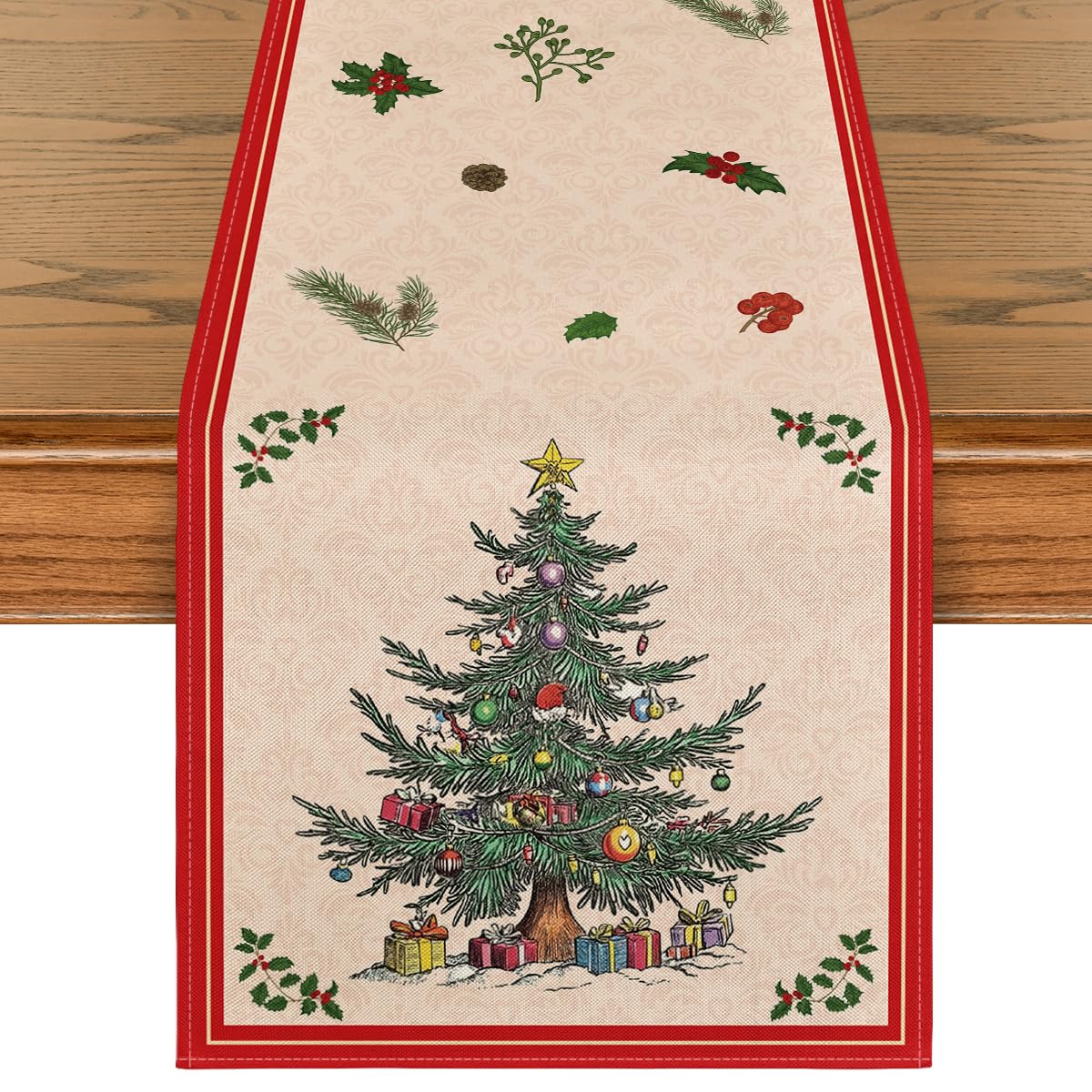 Artoid Mode Xmas Tree Gift table runner in red decorating a festive dining table for holiday meals.