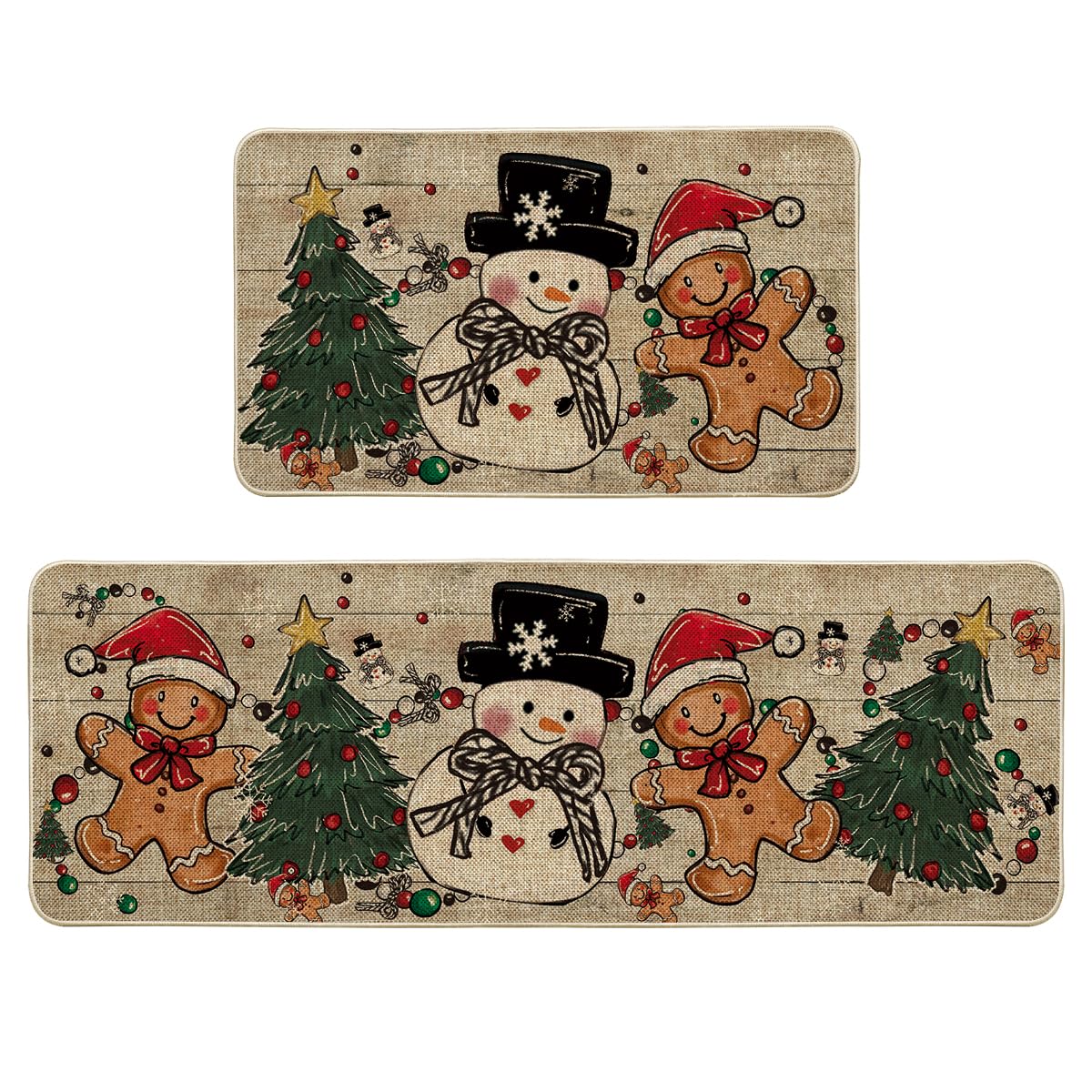 Artoid Mode Xmas tree gingerbread man snowman mats 17x29 enhance seasonal kitchen decor while protecting floors