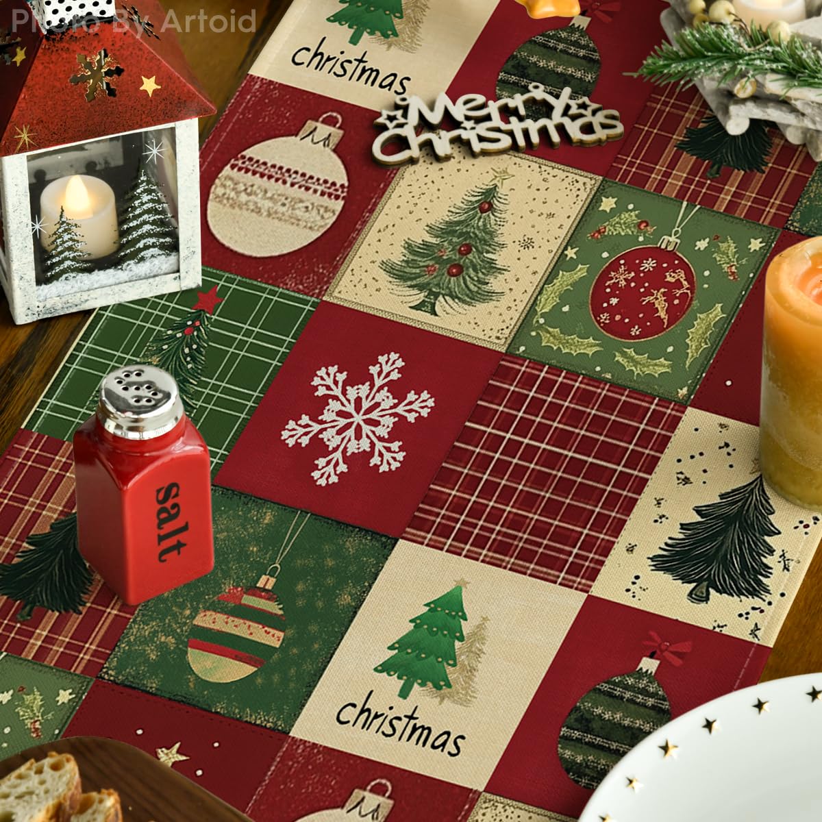 Artoid Mode Xmas Tree Runner bright pattern enhances holiday table styling.