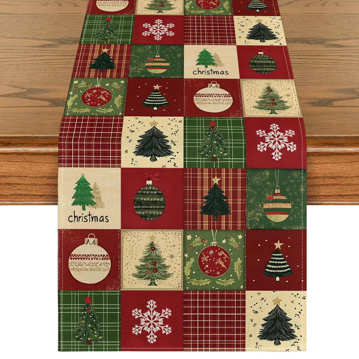Artoid Mode Xmas Tree Runner on dining table adds festive color and surface protection.