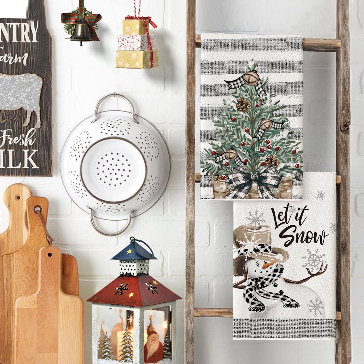 Artoid Mode Xmas Tree Snowman pattern closeup, vibrant print adds seasonal flair to your kitchen.