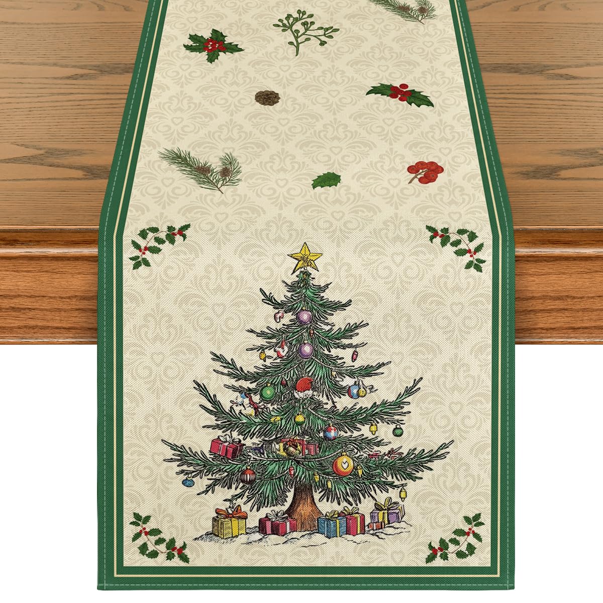 Artoid Mode Xmas Tree Gift green table runner for festive dining and surface protection.