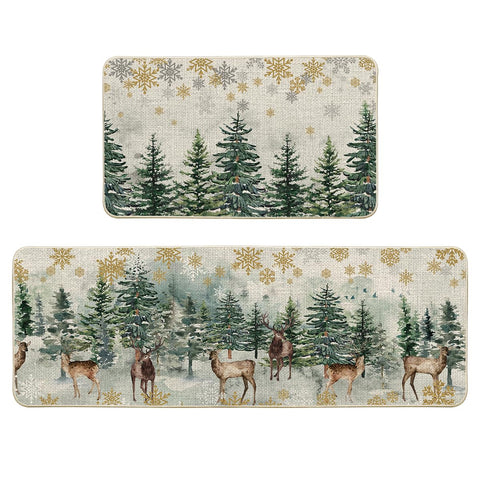 Artoid Mode Xmas Trees Deer Snowflakes kitchen mat 17x29 highlights festive pattern and floor protection.