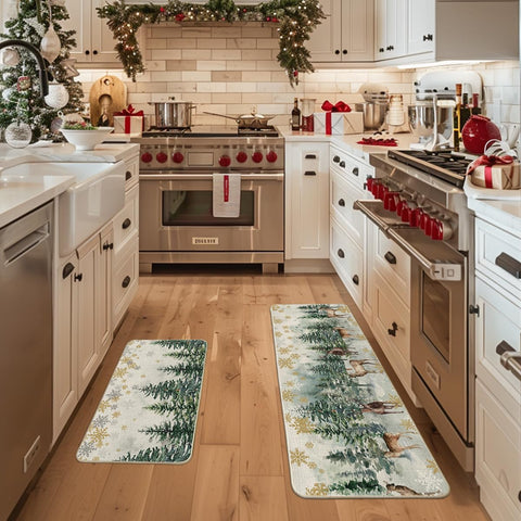Artoid Mode Xmas Trees Deer Snowflakes kitchen mat 17x47 provides seasonal charm and easy cleaning.