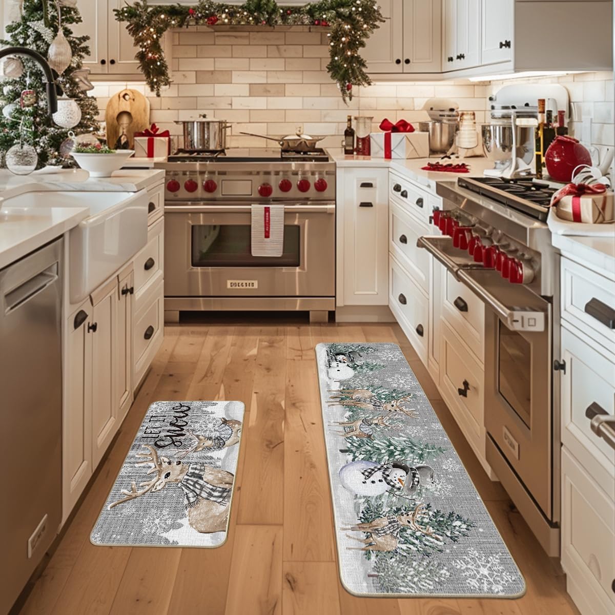 Artoid Mode Xmas trees deer snowflakes kitchen mat 17x59 adds seasonal style.