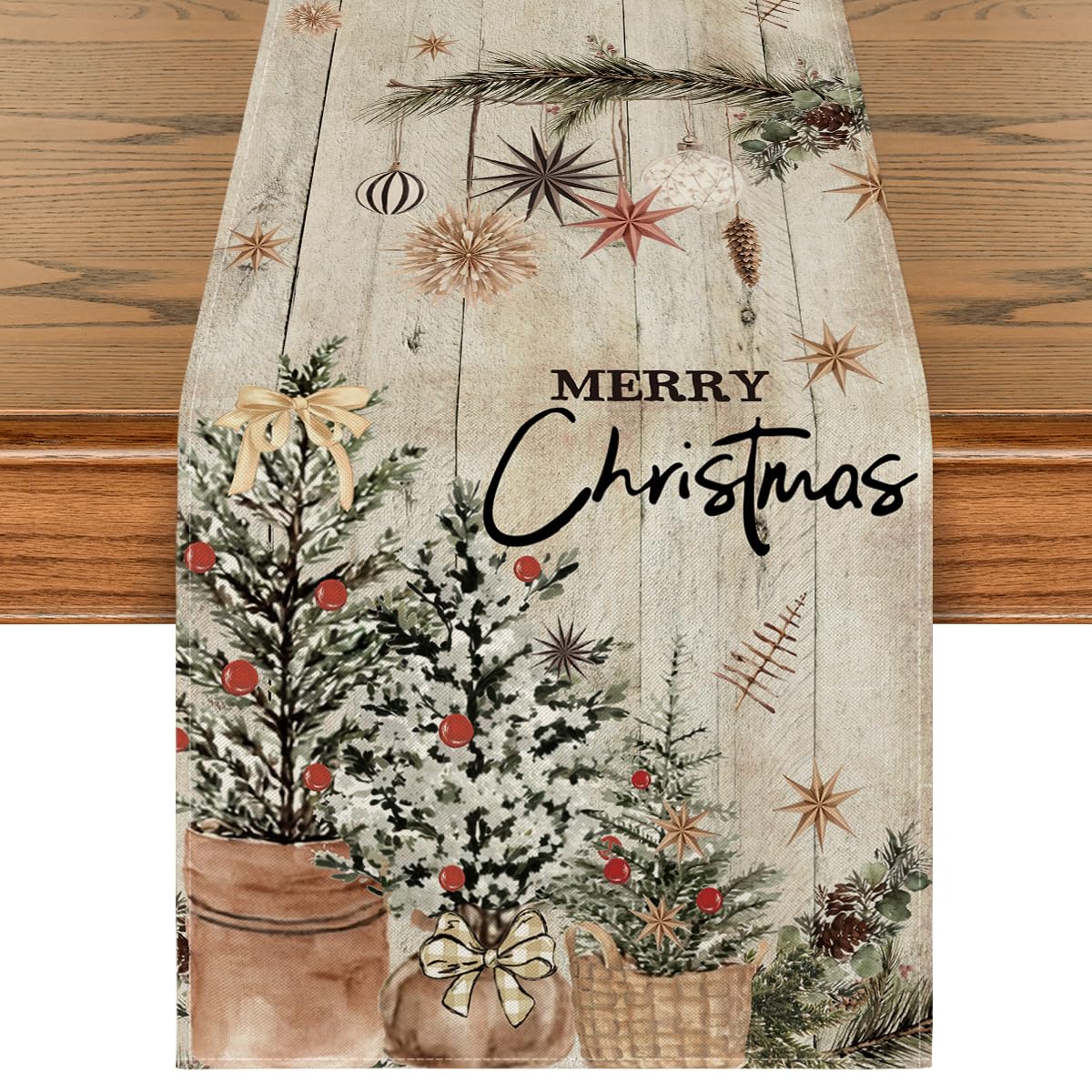 Artoid Mode Xmas Trees table runner with holly and pine cones enhances festive table settings.
