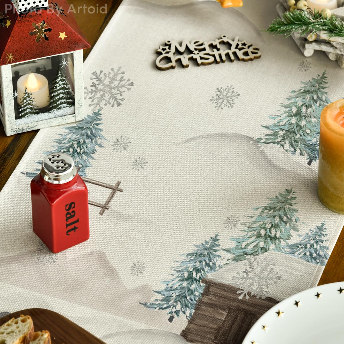 Artoid Mode Xmas Trees Let It Snow blue snowman table runner close up of fabric texture