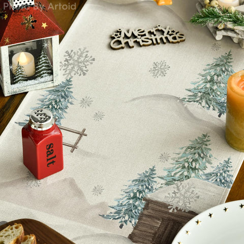 Artoid Mode Xmas Trees Let It Snow blue snowman table runner close up of fabric texture