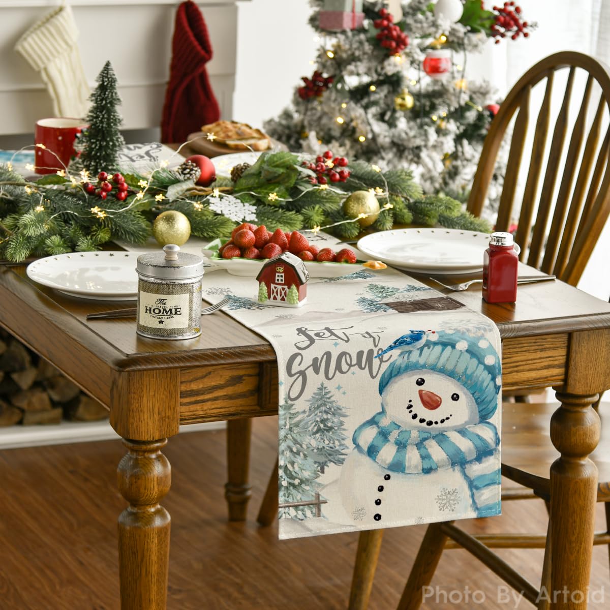 Artoid Mode Xmas Trees Let It Snow blue snowman table runner in cozy dining setup