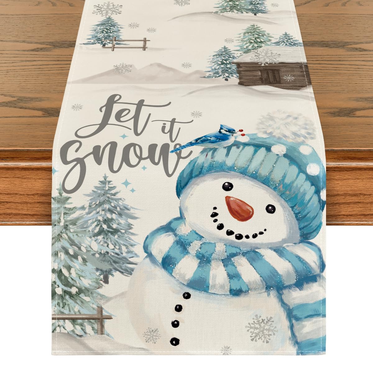 Artoid Mode Xmas Trees Let It Snow blue snowman table runner front view - durable polyester protection