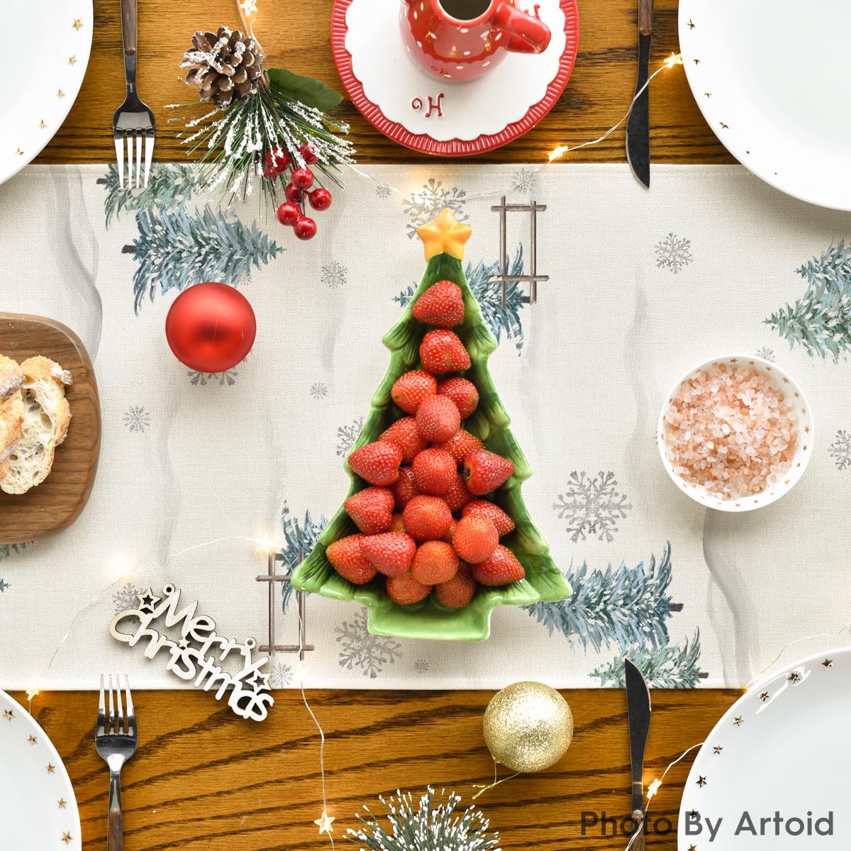 Artoid Mode Xmas Trees Let It Snow blue snowman table runner stitched edges detail