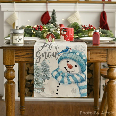 Artoid Mode Xmas Trees Let It Snow blue snowman table runner top view layout