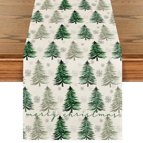 Artoid Mode Xmas Trees Snowflake Table Runner close-up on durable spun polyester fabric