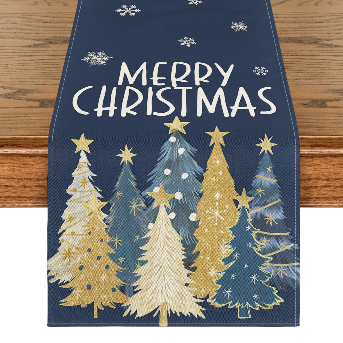 Artoid Mode Xmas Trees Snowflakes Blue table runner elevates holiday table décor.