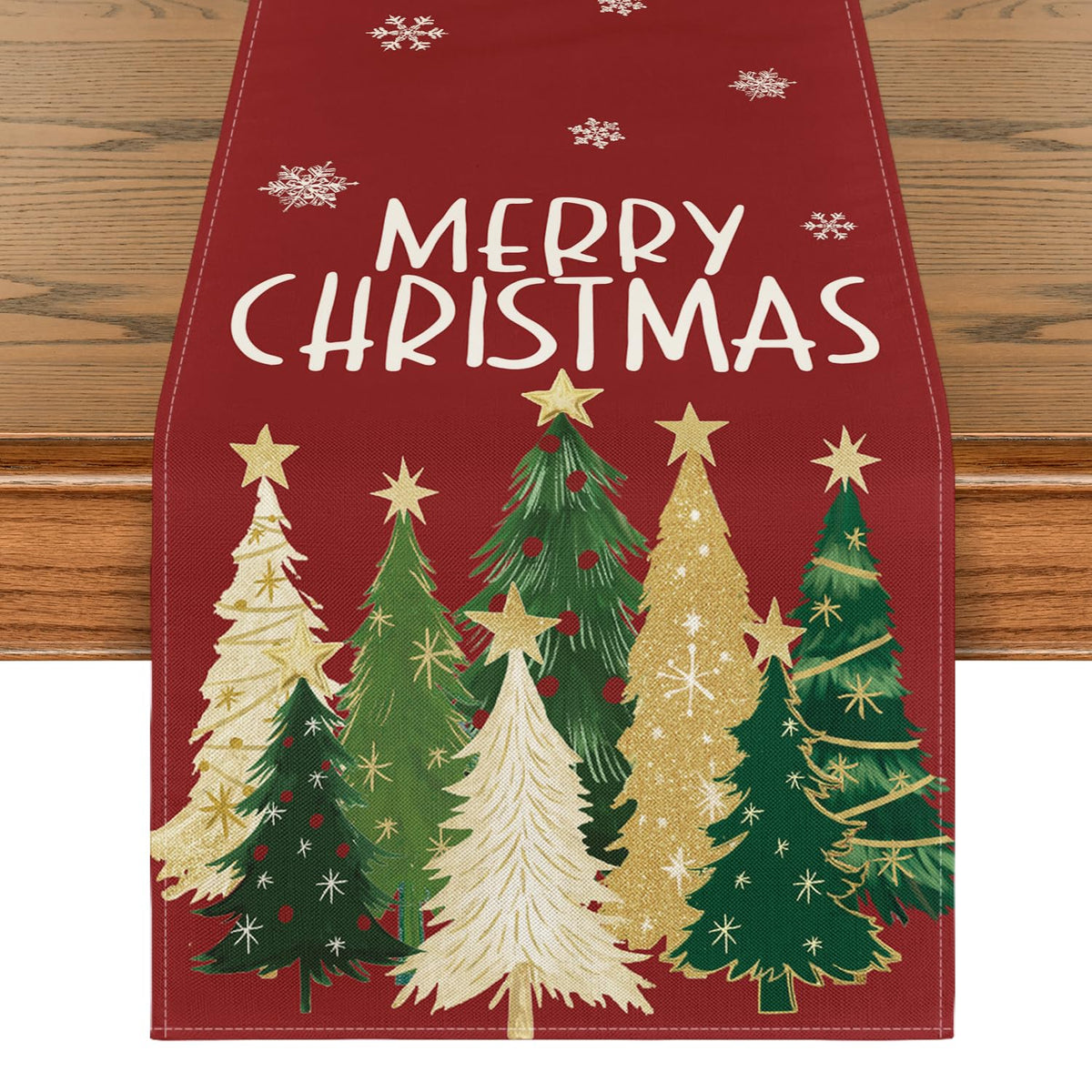 Artoid Mode Xmas Trees Snowflakes Red table runner close-up shows durable polyester protection